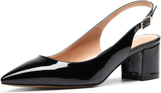 Women'S Slingback Mid Block Heel Pumps Slip-On Pointy Toe Chunky Heels 5CM Heeled Sandals