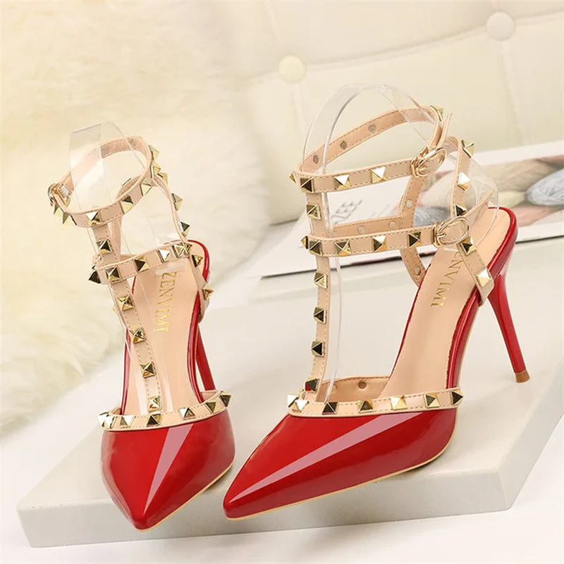 2023 Summer Women 9Cm High Heels Rivets Sandals Designer Suede Nude Purple Stiletto Heels Gladiator Sandals Lady Studded Shoes