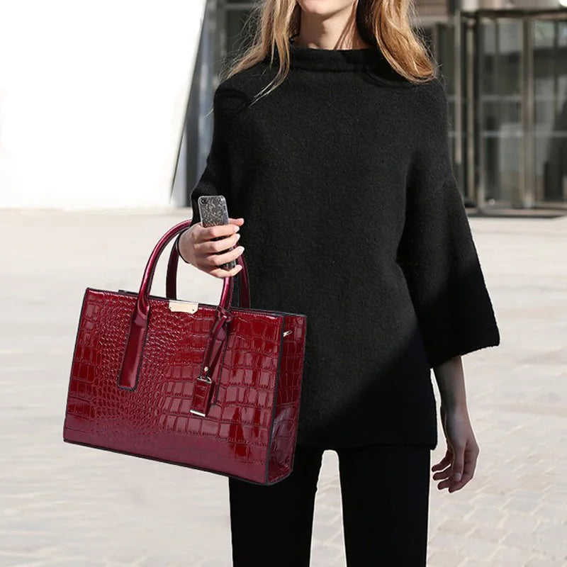 Fashion Solid Color Crocodile Square Hard Lacquer Tote Bags Women Handbags Luxury Modern Handbag
