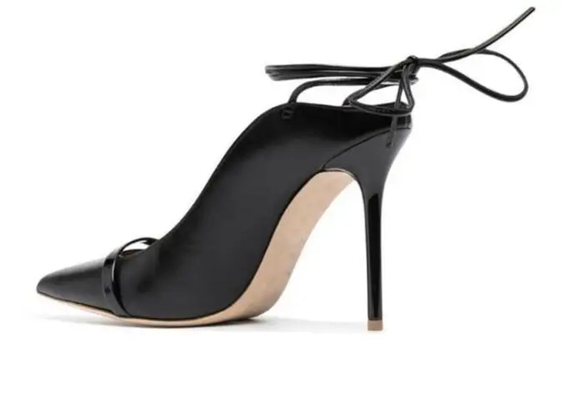 Woman High Heel Shoes Black Leather Pointed Toe Stiletto Heels Lace-Up Party Dress Shoe Runway Pumps
