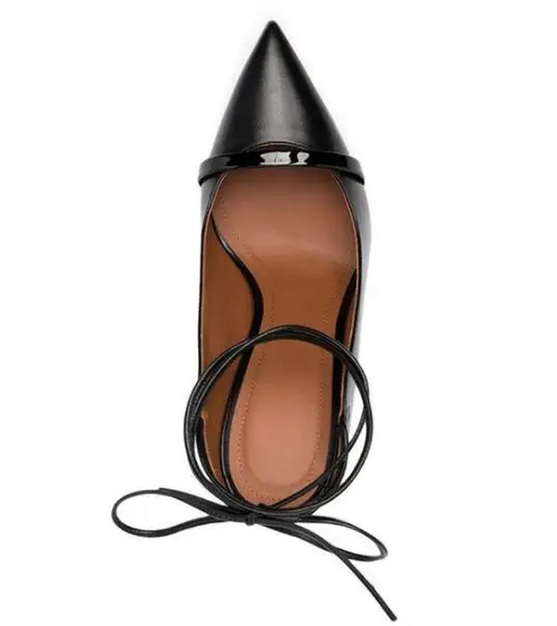 Woman High Heel Shoes Black Leather Pointed Toe Stiletto Heels Lace-Up Party Dress Shoe Runway Pumps