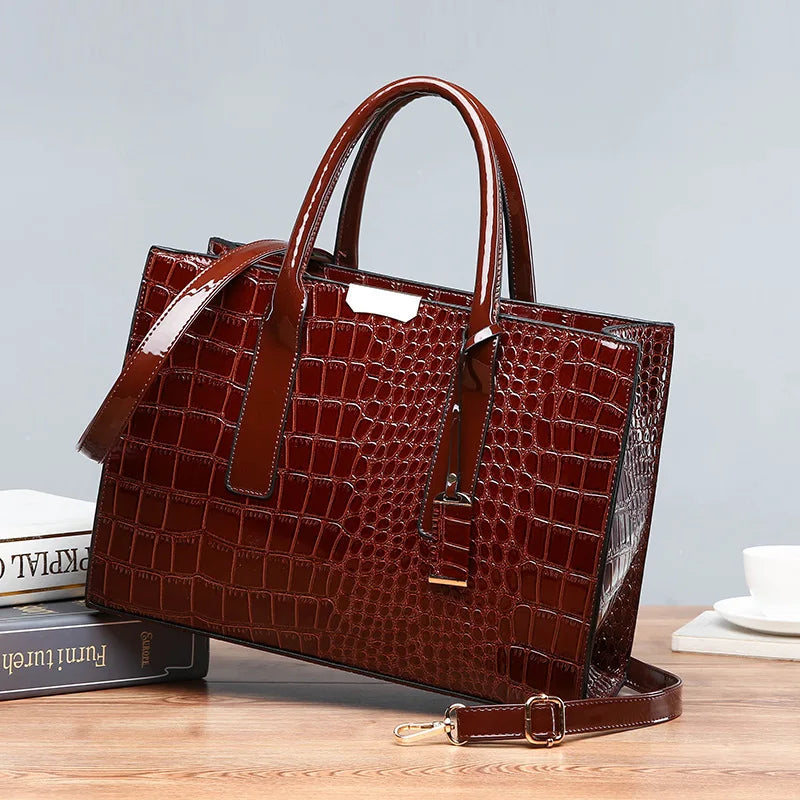 Fashion Solid Color Crocodile Square Hard Lacquer Tote Bags Women Handbags Luxury Modern Handbag