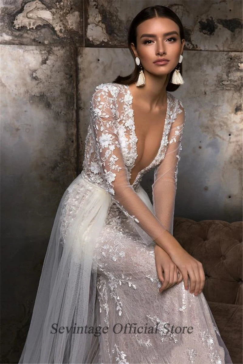 Mermaid Wedding Dresses Removable Skirt Lace Appliqued Bridal Gowns V Neck Long Sleeve Bride Party Dress Custom Made