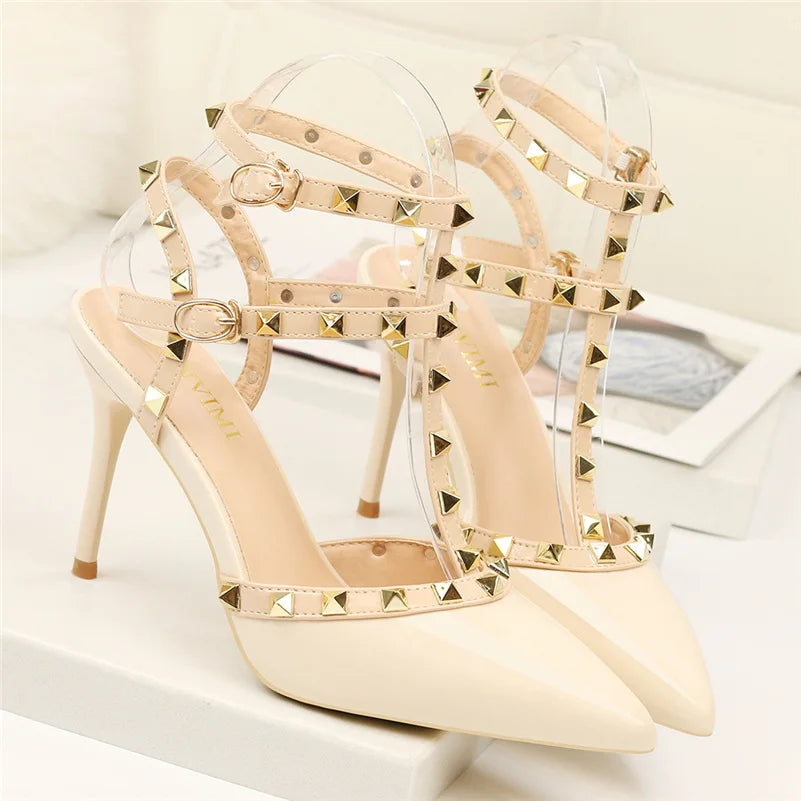 2023 Summer Women 9Cm High Heels Rivets Sandals Designer Suede Nude Purple Stiletto Heels Gladiator Sandals Lady Studded Shoes