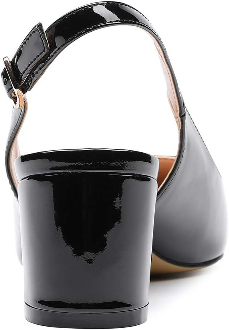 Women'S Slingback Mid Block Heel Pumps Slip-On Pointy Toe Chunky Heels 5CM Heeled Sandals