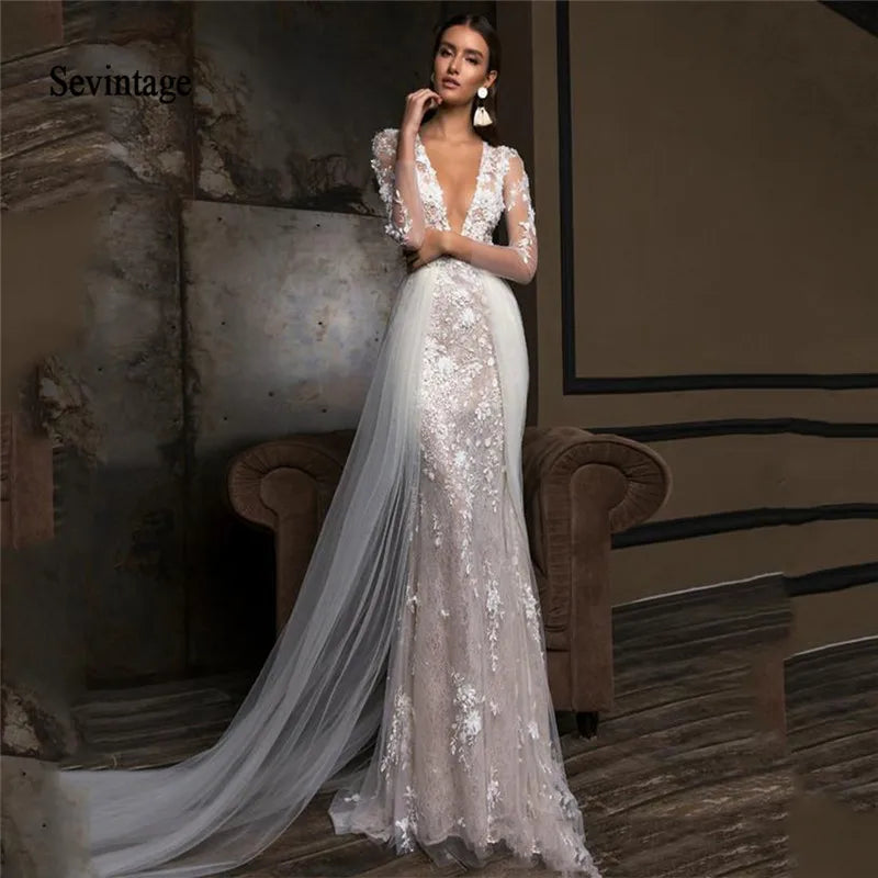 Mermaid Wedding Dresses Removable Skirt Lace Appliqued Bridal Gowns V Neck Long Sleeve Bride Party Dress Custom Made