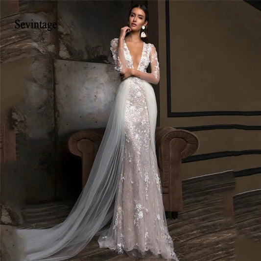 Mermaid Wedding Dresses Removable Skirt Lace Appliqued Bridal Gowns V Neck Long Sleeve Bride Party Dress Custom Made