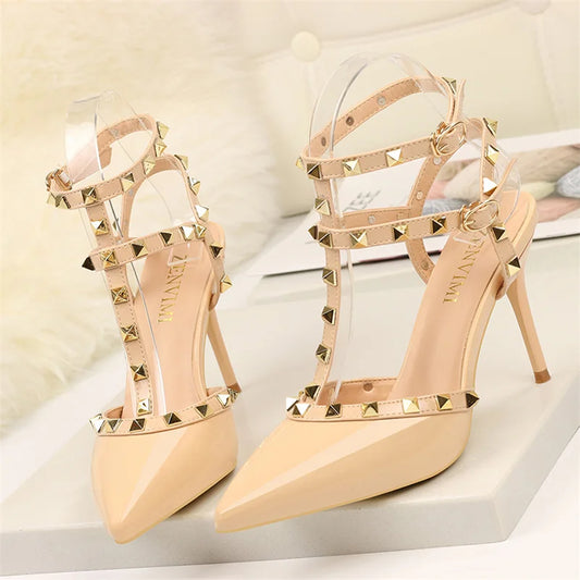 2023 Summer Women 9Cm High Heels Rivets Sandals Designer Suede Nude Purple Stiletto Heels Gladiator Sandals Lady Studded Shoes