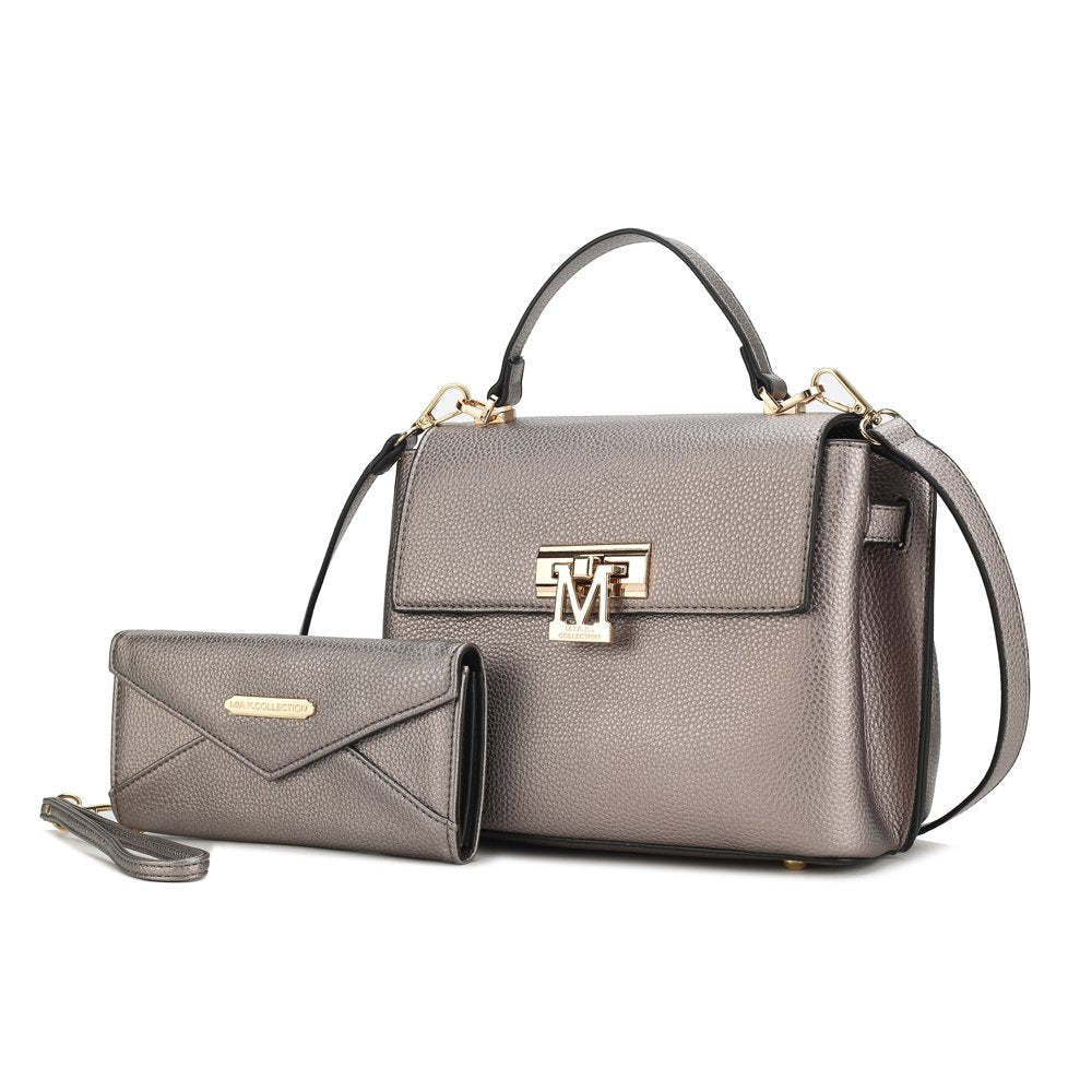 Hadley Vegan Leather Women'S Satchel & Wristlet Wallet, Stylish Top-Handle Purse Handbag 2 Pcs by Mia K - Pewter