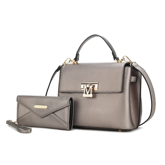 Hadley Vegan Leather Women'S Satchel & Wristlet Wallet, Stylish Top-Handle Purse Handbag 2 Pcs by Mia K - Pewter