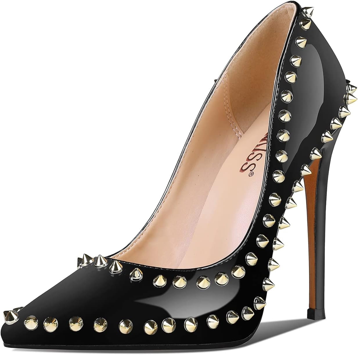 Black Stiletto Heels Pumps for Women Rivet Studded Pointed Toe Slip on Sexy Patent Leather High Heel Pump Shoes for Women
