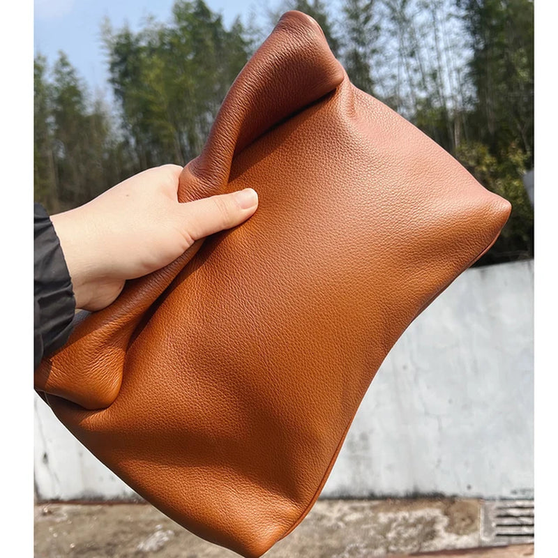 New Euro Fashion Curled Handbags Hot Office Mobile Phone Pockets Women'S Handbag High Quality Portable Genuine Leather Handbags