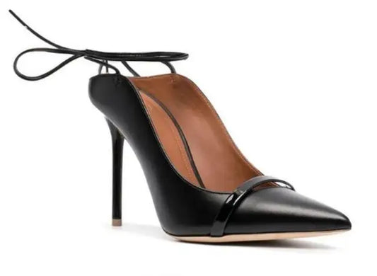 Woman High Heel Shoes Black Leather Pointed Toe Stiletto Heels Lace-Up Party Dress Shoe Runway Pumps