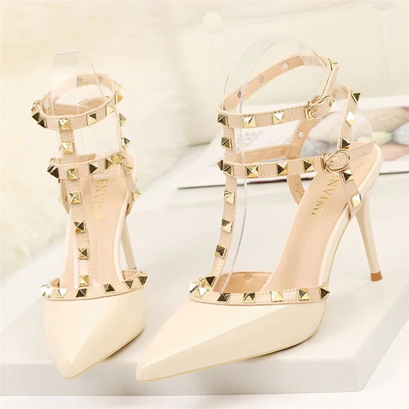 2023 Summer Women 9Cm High Heels Rivets Sandals Designer Suede Nude Purple Stiletto Heels Gladiator Sandals Lady Studded Shoes