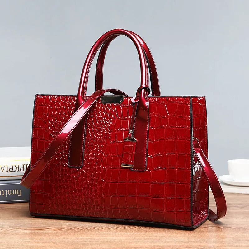 Fashion Solid Color Crocodile Square Hard Lacquer Tote Bags Women Handbags Luxury Modern Handbag