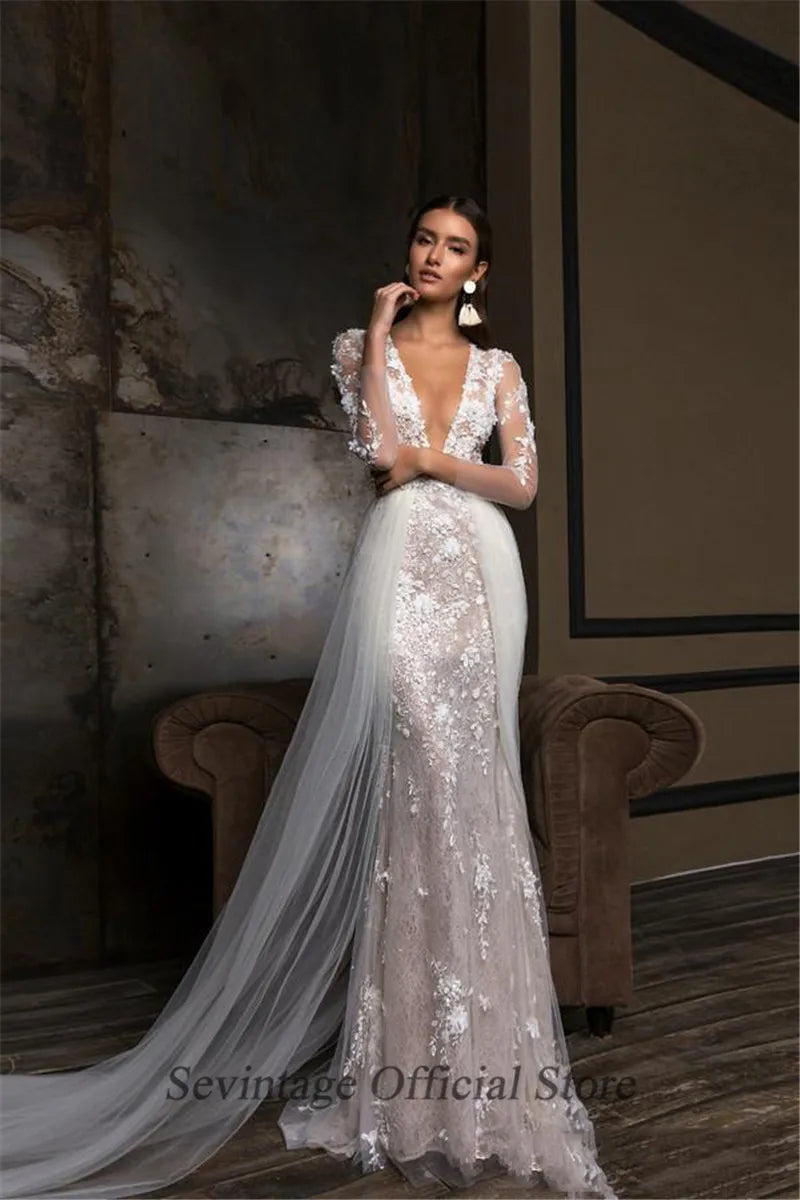 Mermaid Wedding Dresses Removable Skirt Lace Appliqued Bridal Gowns V Neck Long Sleeve Bride Party Dress Custom Made
