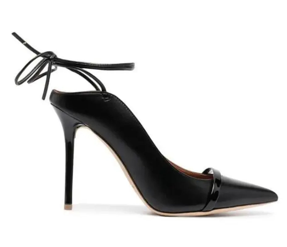 Woman High Heel Shoes Black Leather Pointed Toe Stiletto Heels Lace-Up Party Dress Shoe Runway Pumps