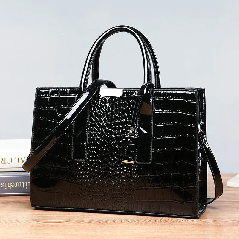 Fashion Solid Color Crocodile Square Hard Lacquer Tote Bags Women Handbags Luxury Modern Handbag