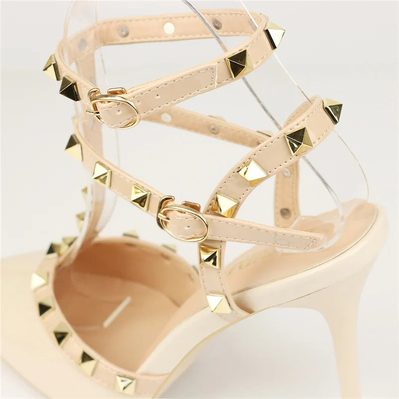 2023 Summer Women 9Cm High Heels Rivets Sandals Designer Suede Nude Purple Stiletto Heels Gladiator Sandals Lady Studded Shoes