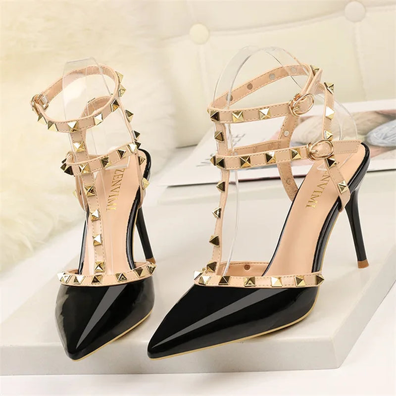 2023 Summer Women 9Cm High Heels Rivets Sandals Designer Suede Nude Purple Stiletto Heels Gladiator Sandals Lady Studded Shoes