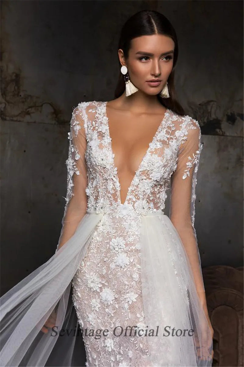 Mermaid Wedding Dresses Removable Skirt Lace Appliqued Bridal Gowns V Neck Long Sleeve Bride Party Dress Custom Made