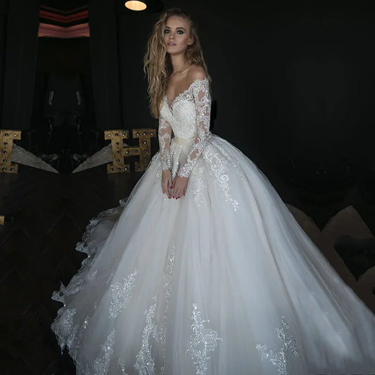 Eightale Long Sleeve Wedding Dresses 2020 V-Neck Appliques Lace Bridal Dresses Wedding Gown Custom Made Vestidos De Noiva